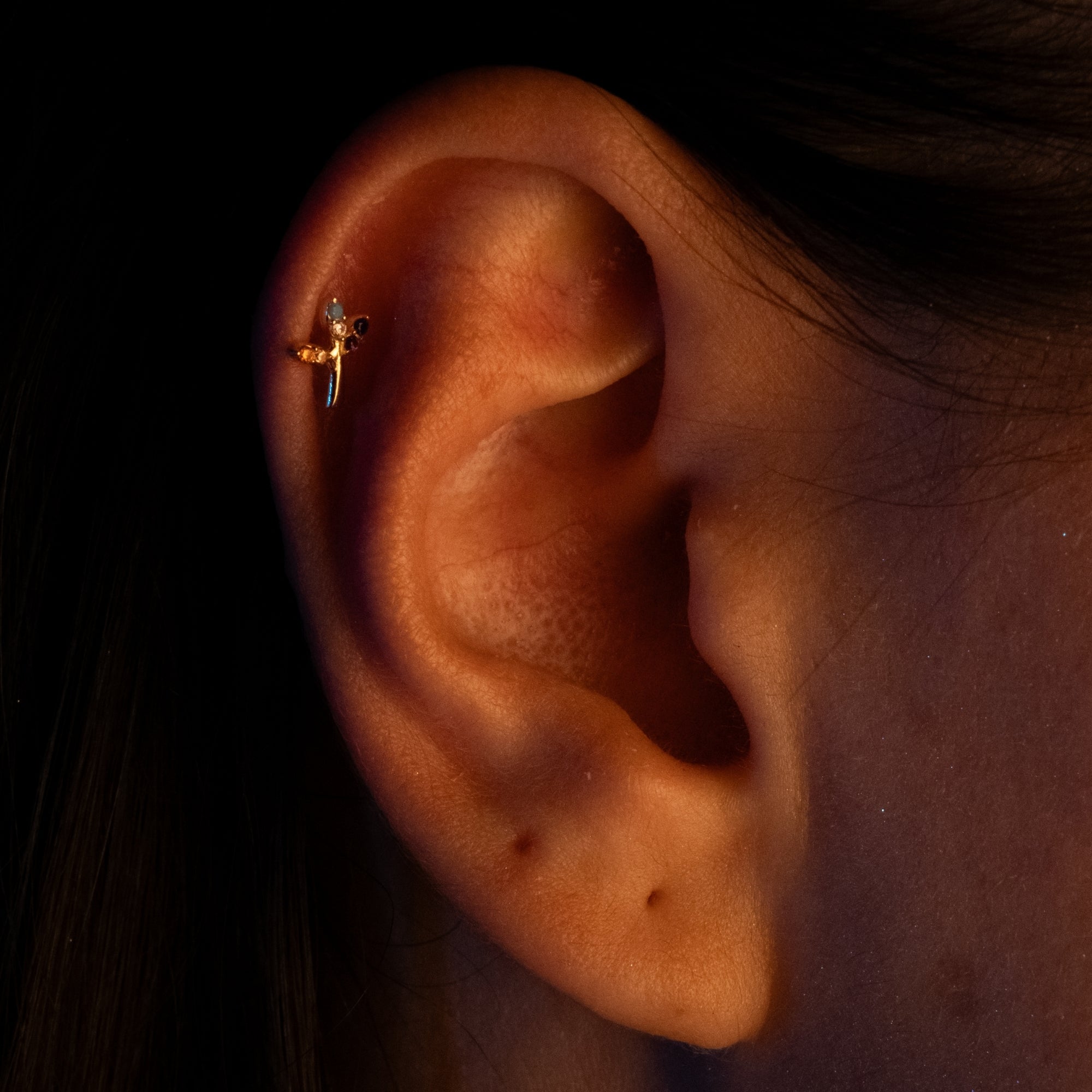 Renli Taşlı Dal Piercing | 14 Ayar Altın