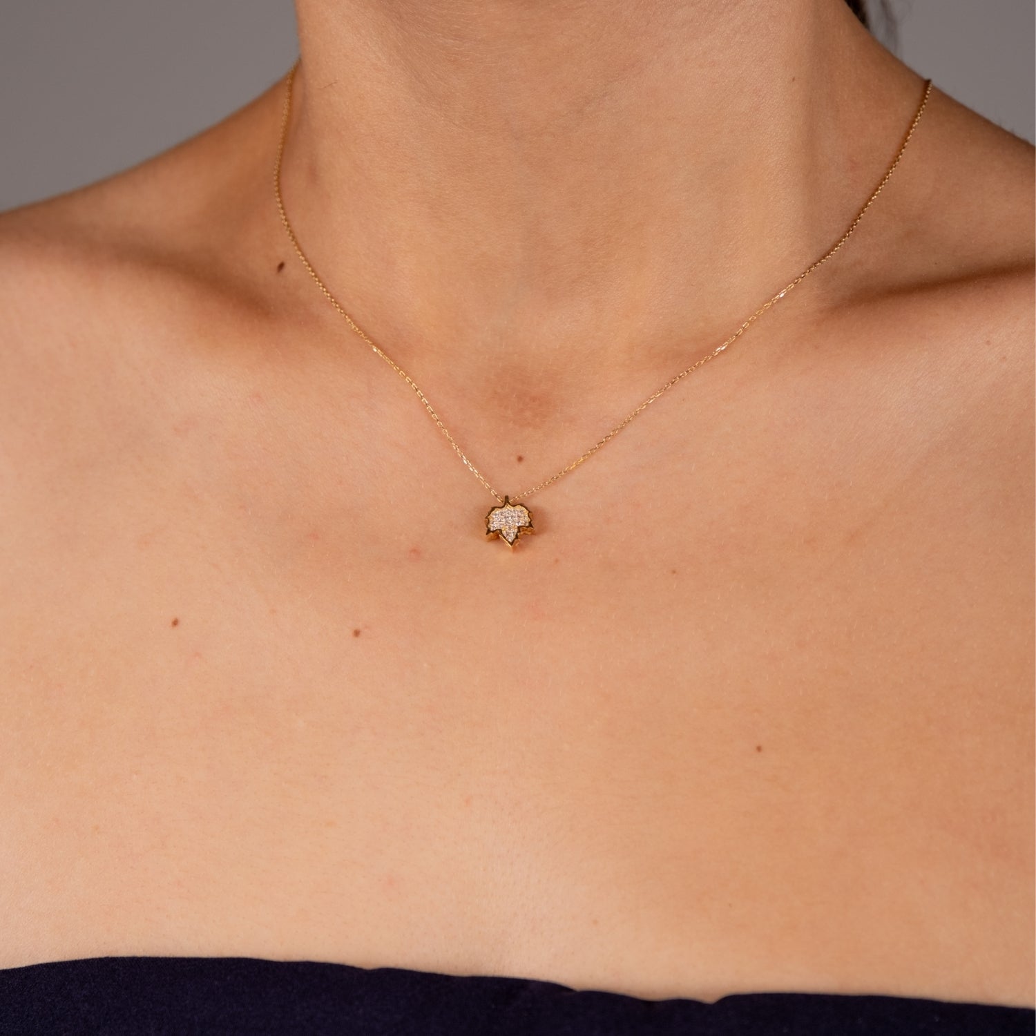 Taşlı Yaprak Kolye | 14 Ayar Altın