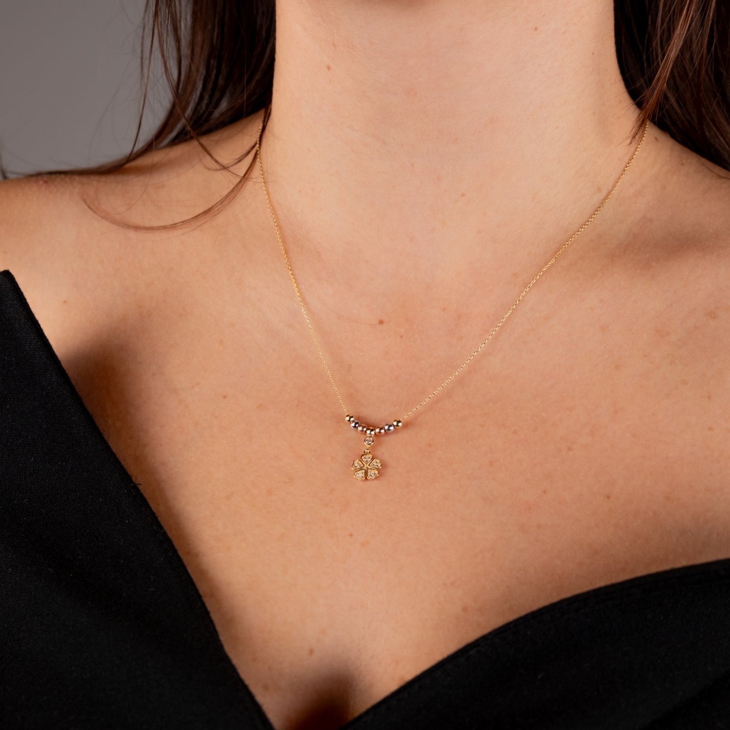 Taşlı Yonca Kolye | 14 Ayar Altın