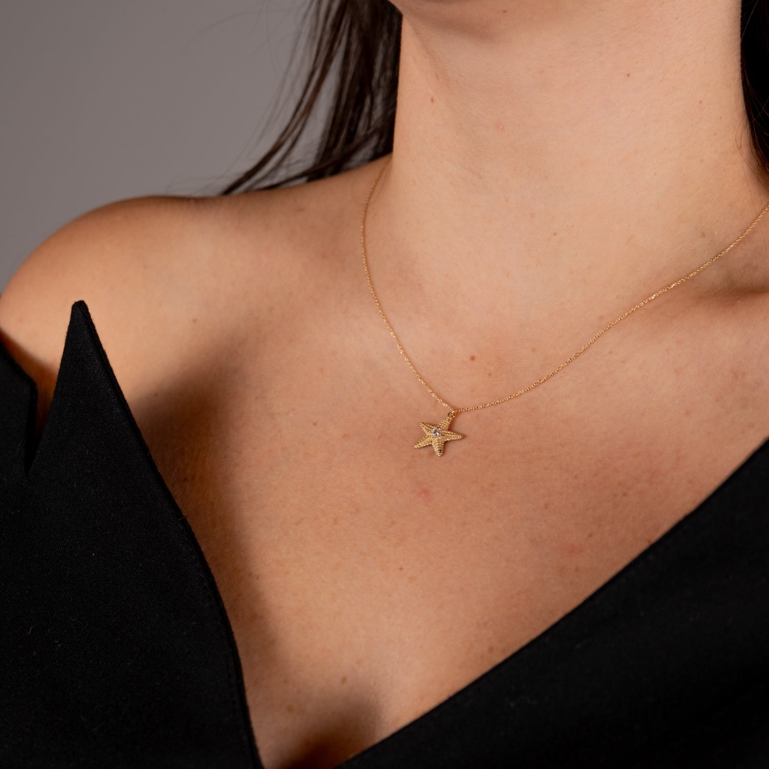 Taşlı Deniz Yıldızı Kolye | 14 Ayar Altın