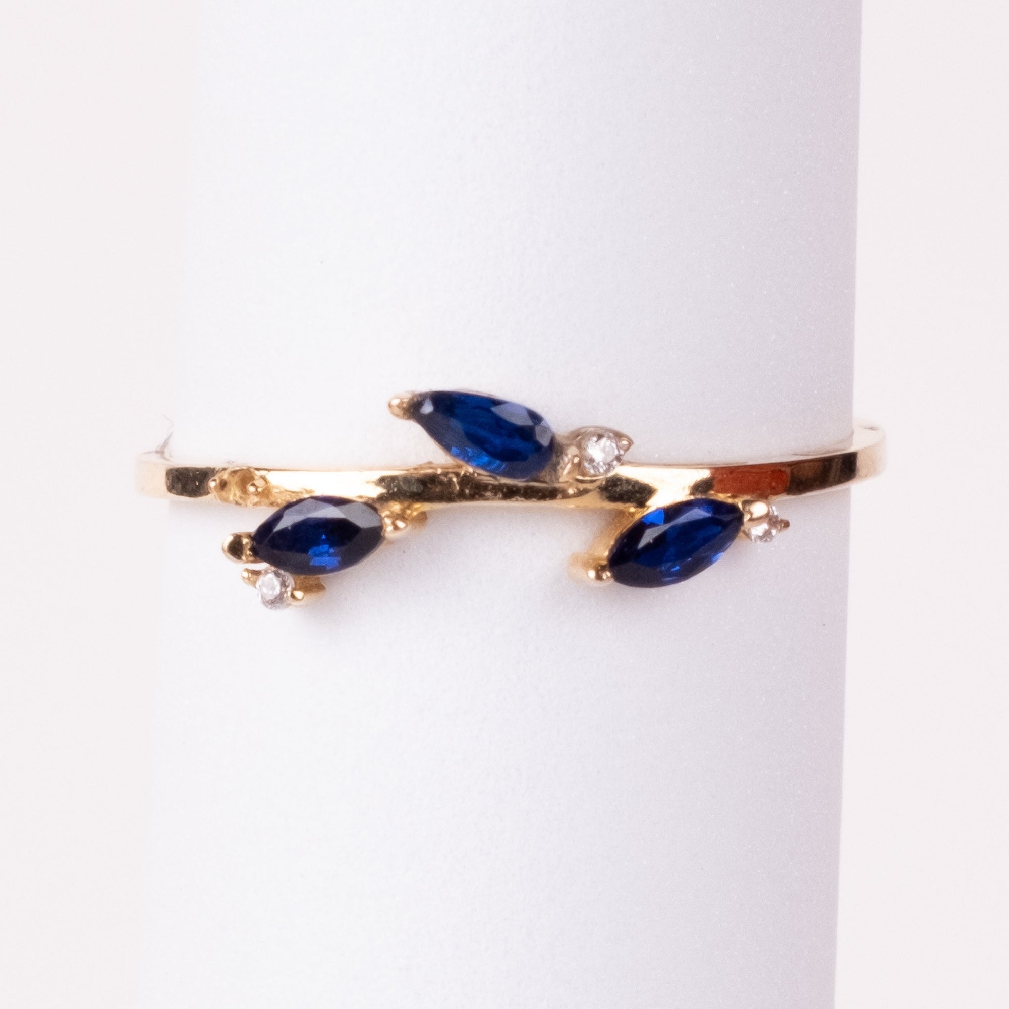 Mavi Taşlı Yaprak Yüzük | 14 Ayar Altın