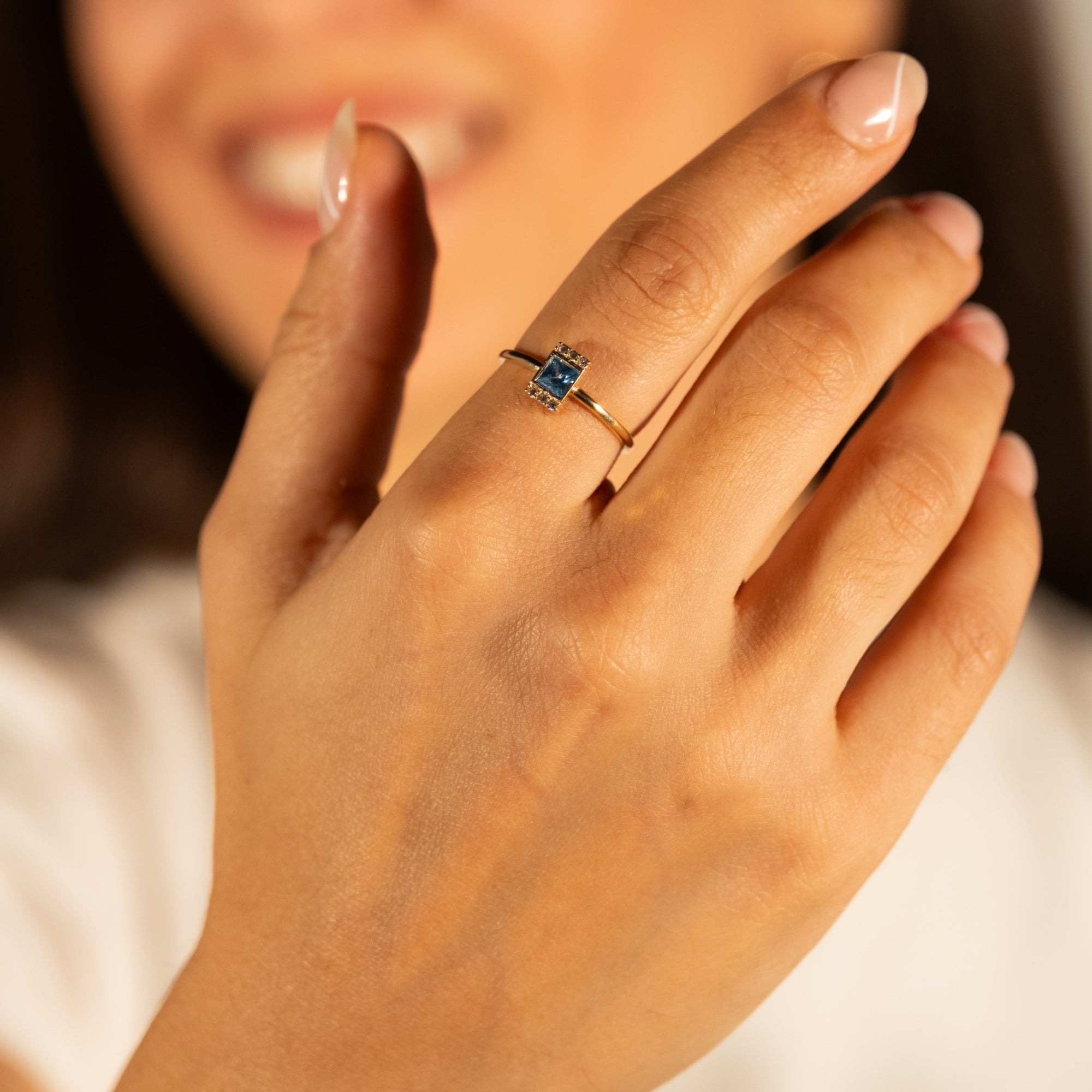 Mavi Kare Taşlı Yüzük | 14 Ayar Altın