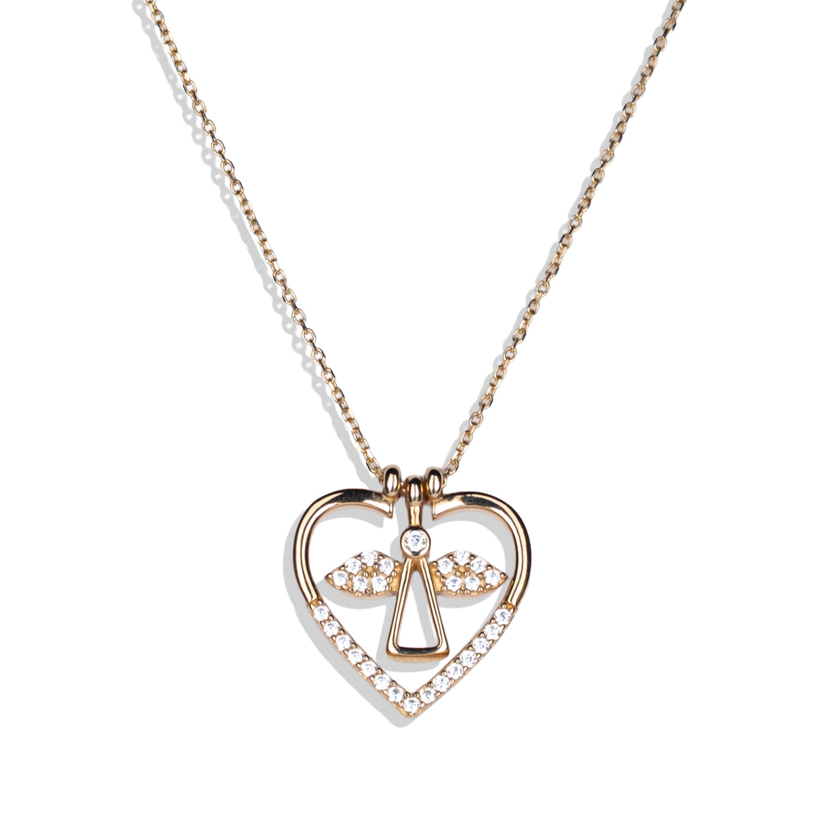 Taşlı Melek Kalp Kolye | 14 Ayar Altın