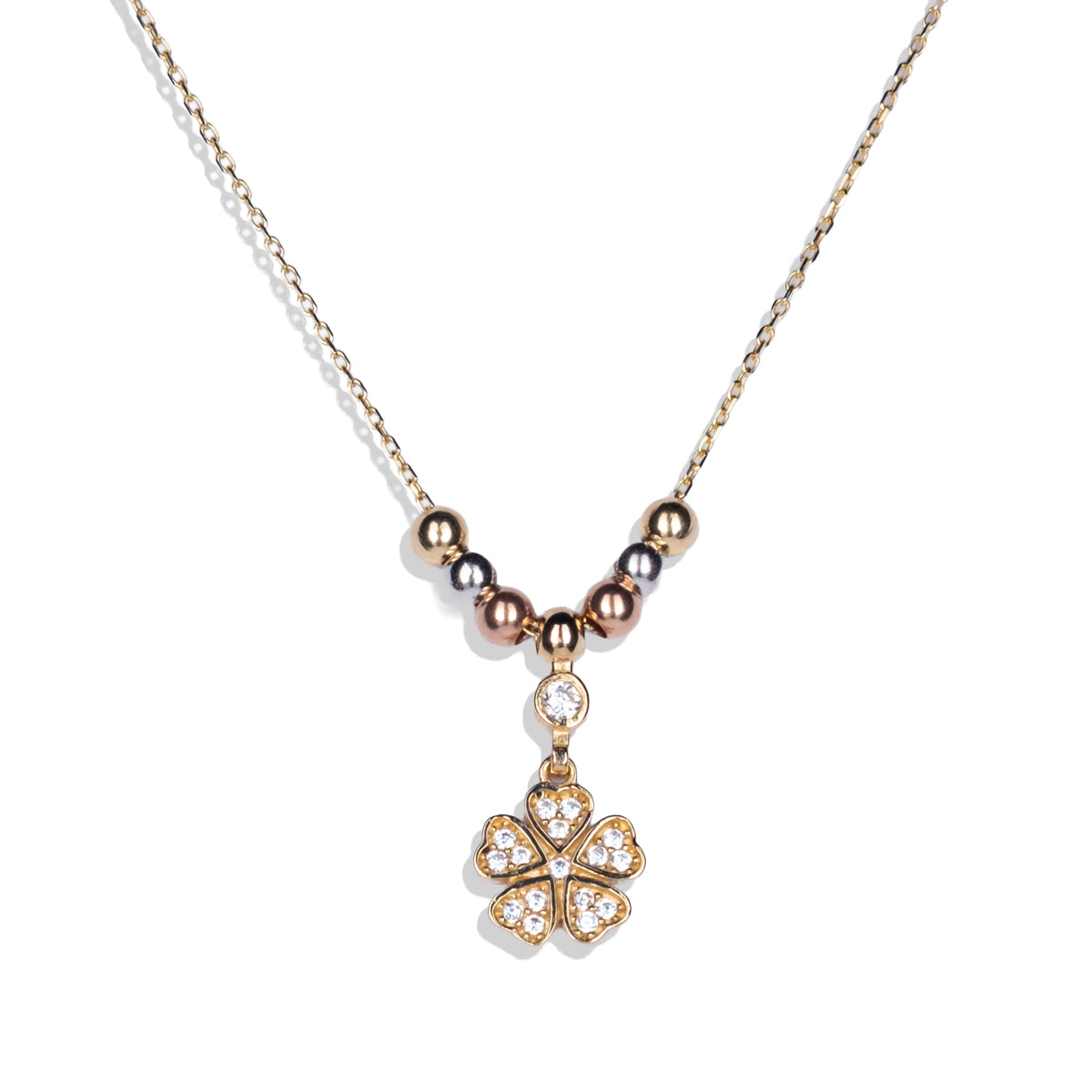 Taşlı Yonca Kolye | 14 Ayar Altın