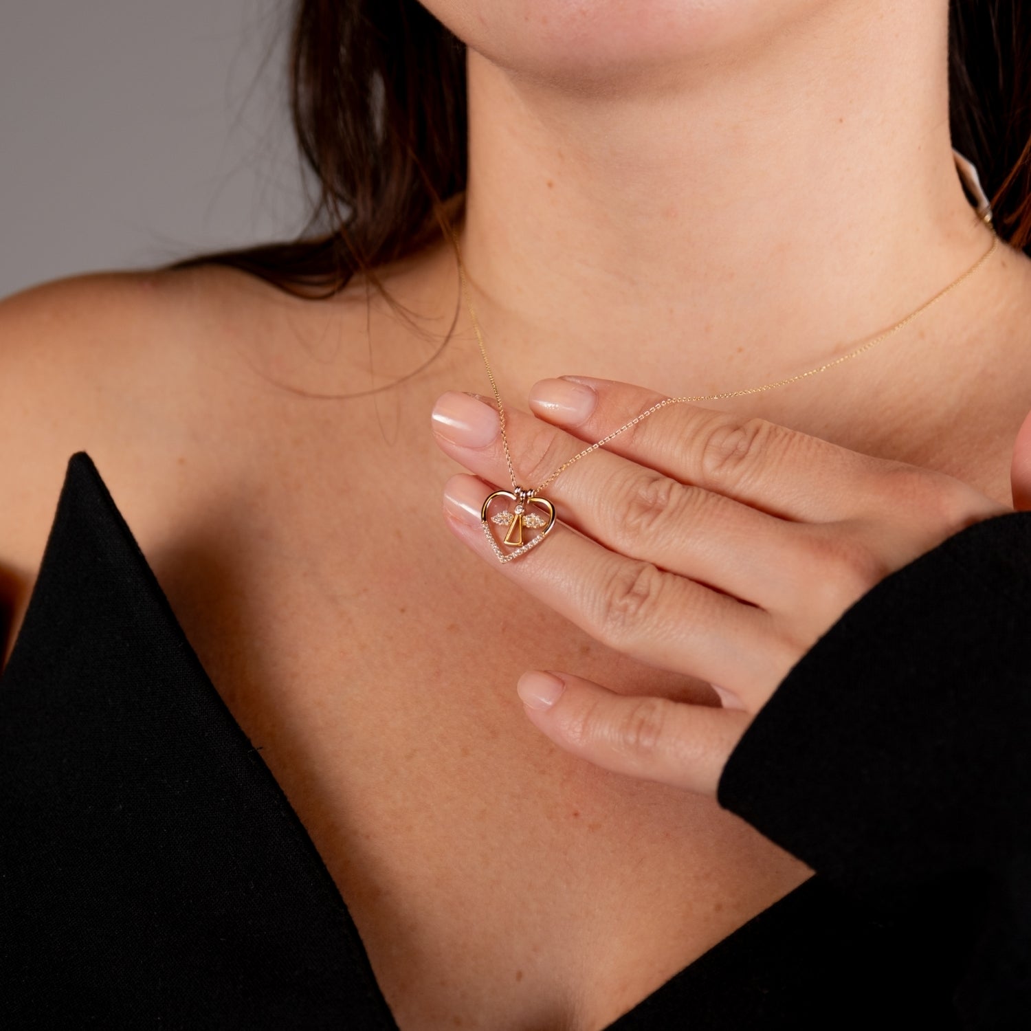 Taşlı Melek Kalp Kolye | 14 Ayar Altın