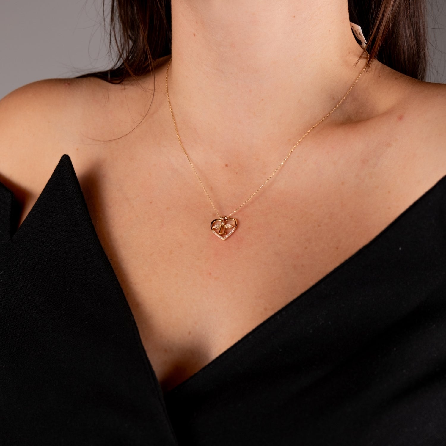 Taşlı Melek Kalp Kolye | 14 Ayar Altın