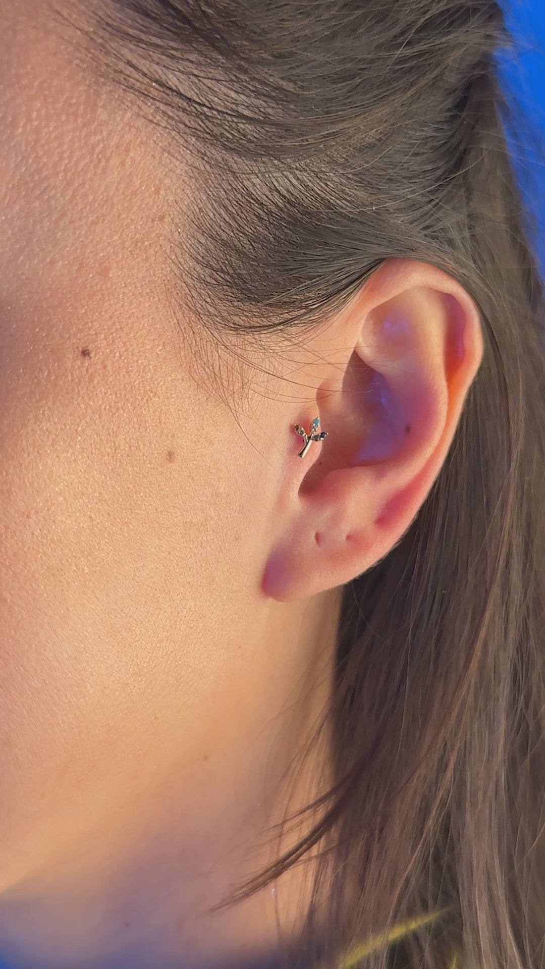 Renli Taşlı Dal Piercing | 14 Ayar Altın